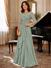 A-Line Chiffon Mother of the Bride Dress with Floral Applique 3/4 Sleeves