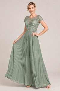 Embroidered Lace Pleated Mother of the Bride Dress