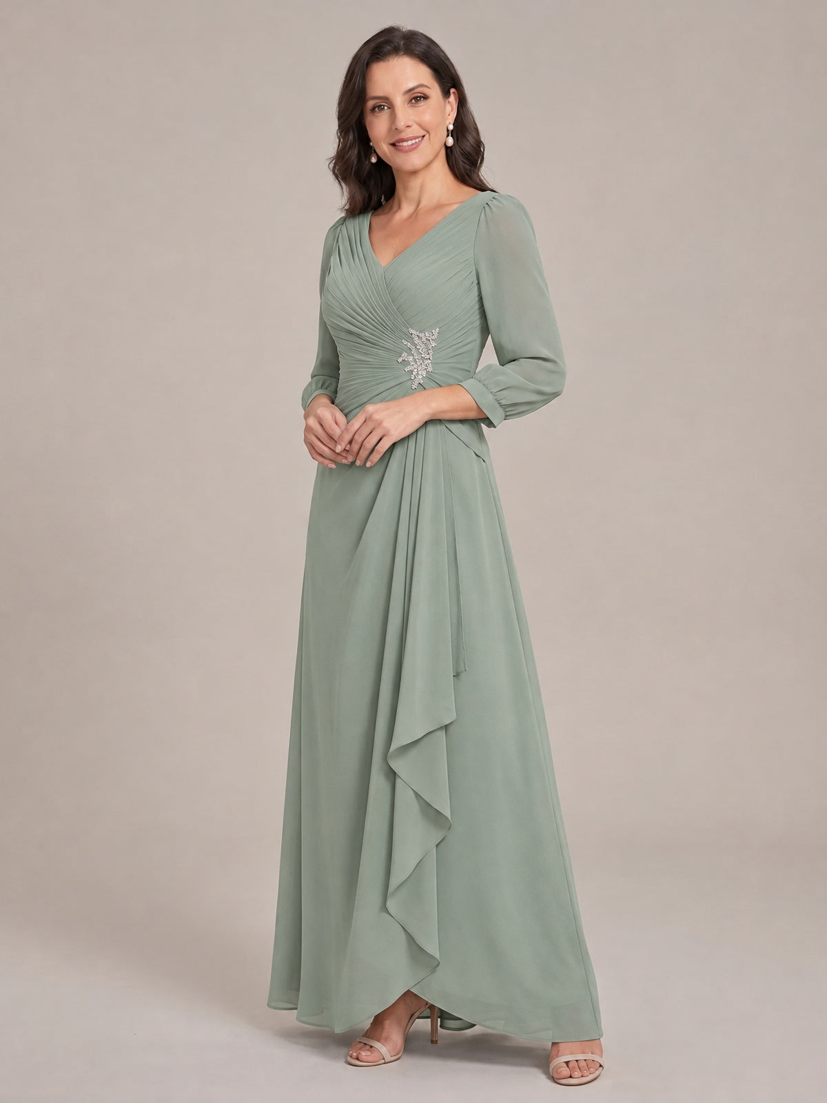 V-Neck Pleated Chiffon Mother of the Bride Dress with Flutter Sleeves