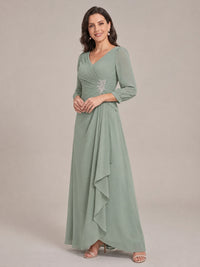 V-Neck Pleated Chiffon Mother of the Bride Dress with Flutter Sleeves