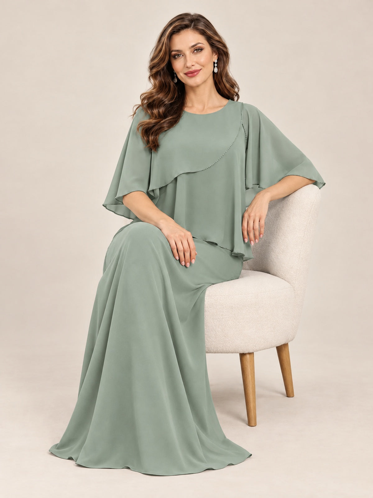 Cape Sleeve Mother of the Bride Dress with Asymmetrical Overlay
