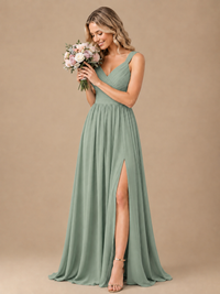 Pleated Chiffon V Neck Wedding Bridesmaid Dresses Floor Length with Slit