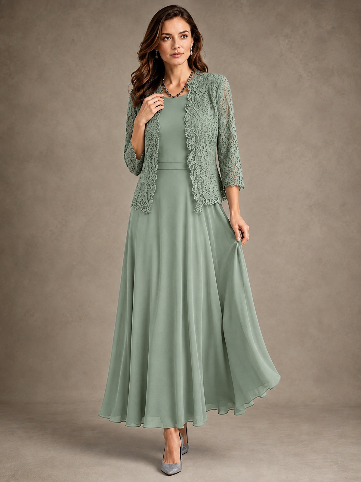2-Piece Chiffon Mother of the Bride Dress with Lace Jacket