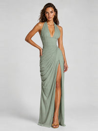 Ruched Halter Neck High-Slit Prom & Evening Dress