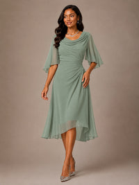 Cowl Neck Ruched Chiffon Mother of the Bride Dresses with Flutter Sleeves