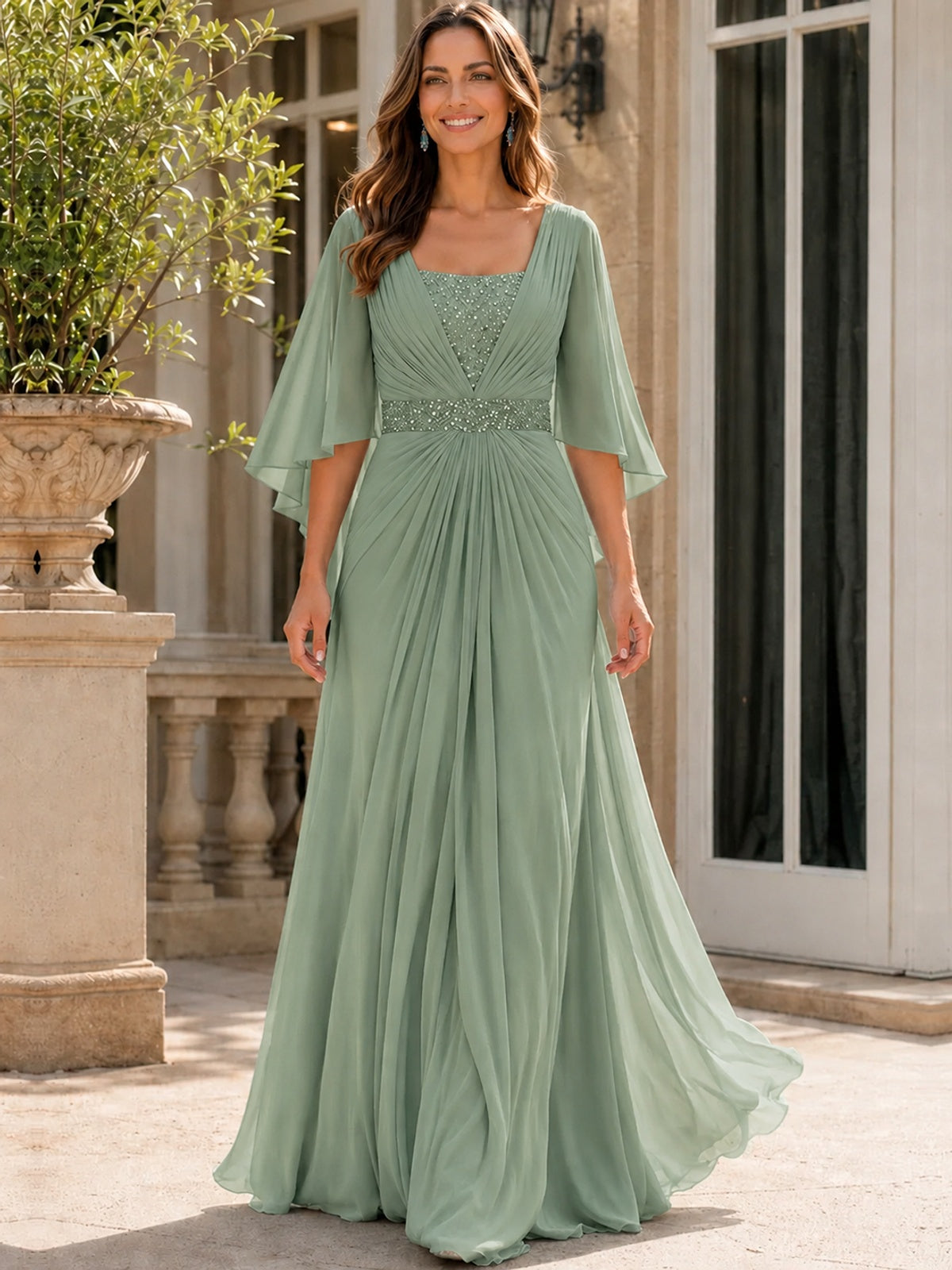 Elegant V-Neck Sequined Chiffon Mother of the Bride Dress with Flutter Sleeves