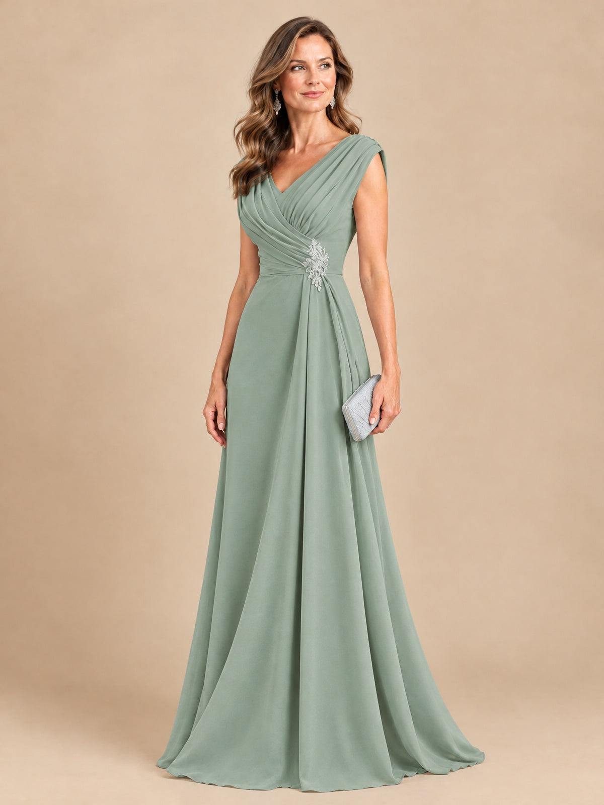V Neck Pleated Mother of The Bride Dresses with Beading Cap Sleeves