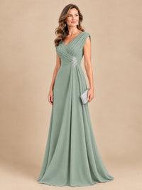 V Neck Pleated Mother of The Bride Dresses with Beading Cap Sleeves