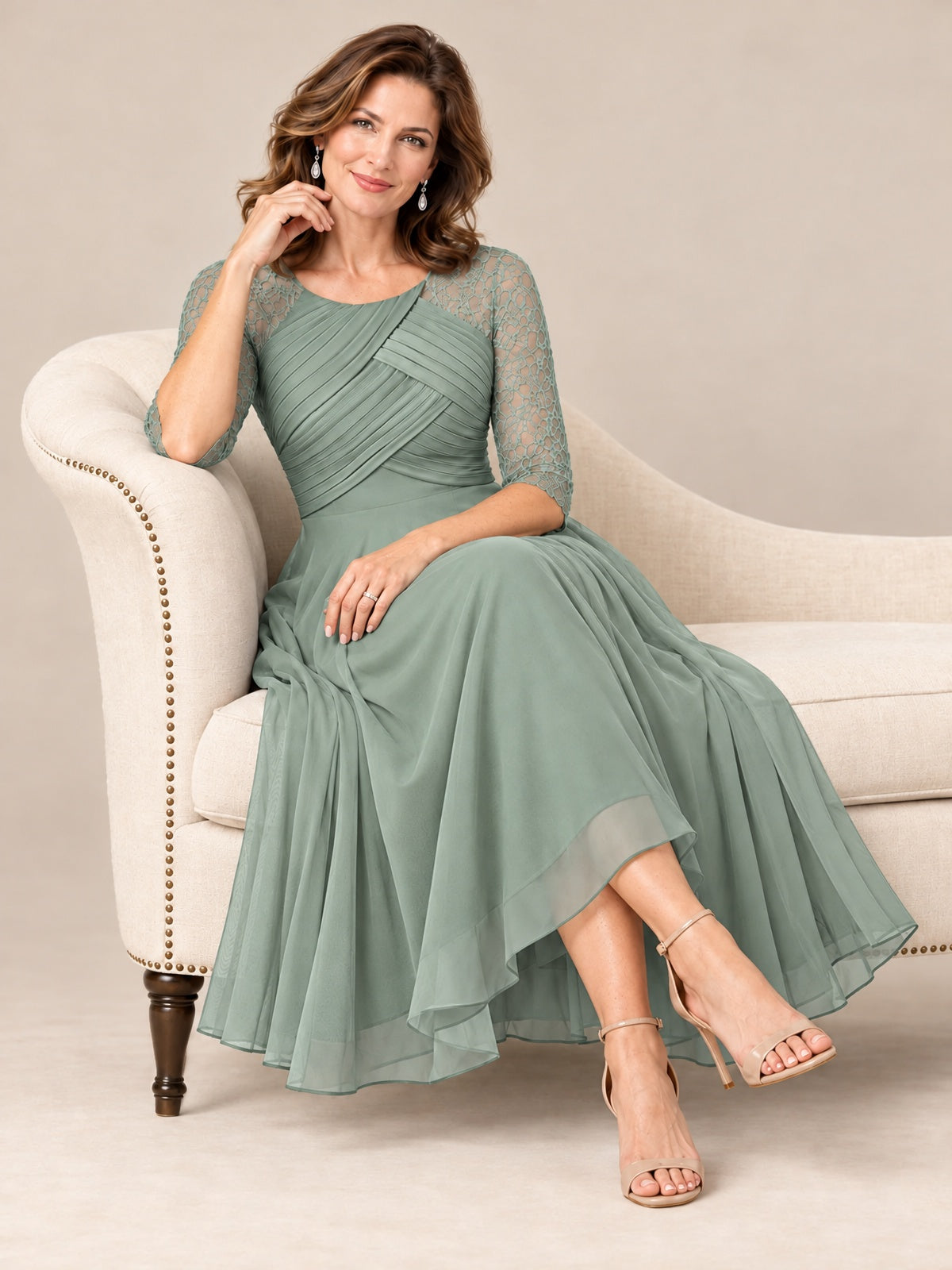 Tea-Length Mother of the Bride Dress with Lace 3/4 Sleeves