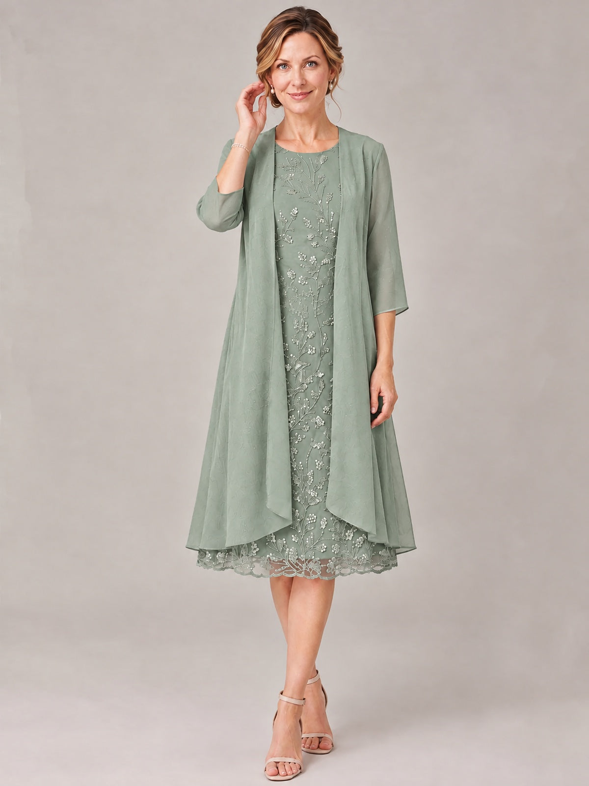 Tea Length Sequin Lace Mother of The Bride Dress with Chiffon Jacket
