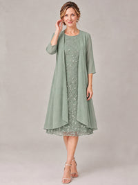 Tea Length Sequin Lace Mother of The Bride Dress with Chiffon Jacket