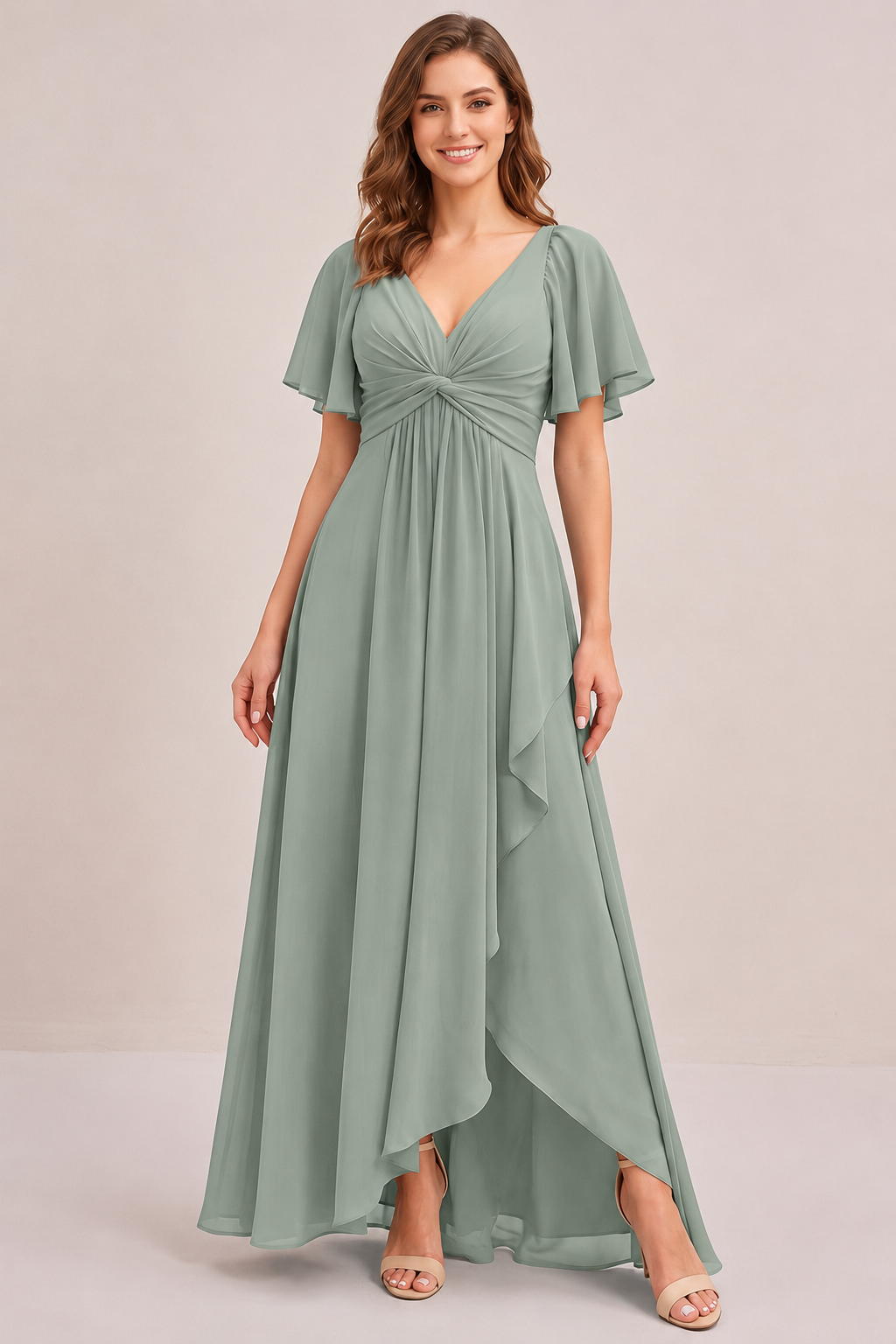 Dusty Blue Chiffon Bridesmaid Dress with Flutter Sleeves & High-Low Hem