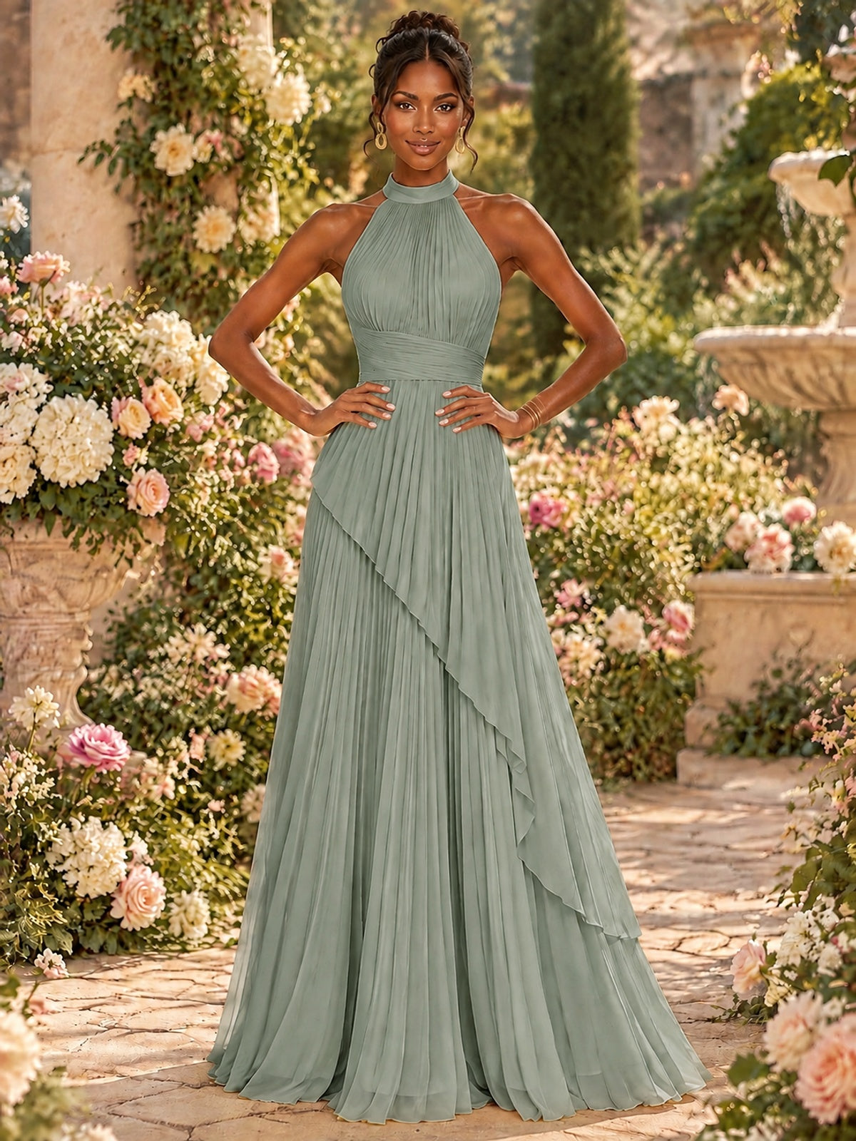 Wrap Pleated Prom Dress Halter A-line Chiffon Formal Wedding Dress