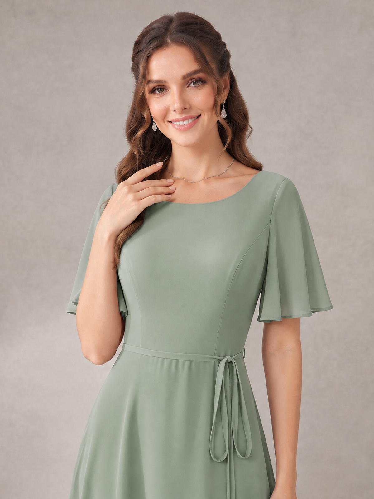 Scoop Neck A-line Chiffon Bridesmaid Dress with Flutter Sleeve & Belt