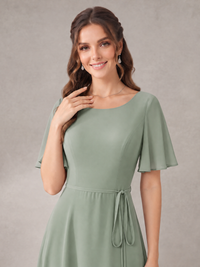 Scoop Neck A-line Chiffon Bridesmaid Dress with Flutter Sleeve & Belt