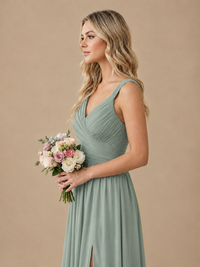 Pleated Chiffon V Neck Wedding Bridesmaid Dresses Floor Length with Slit