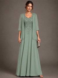 A-line 2 Pieces Chiffon Appliques Mother of The Bride Dresses with Jackets