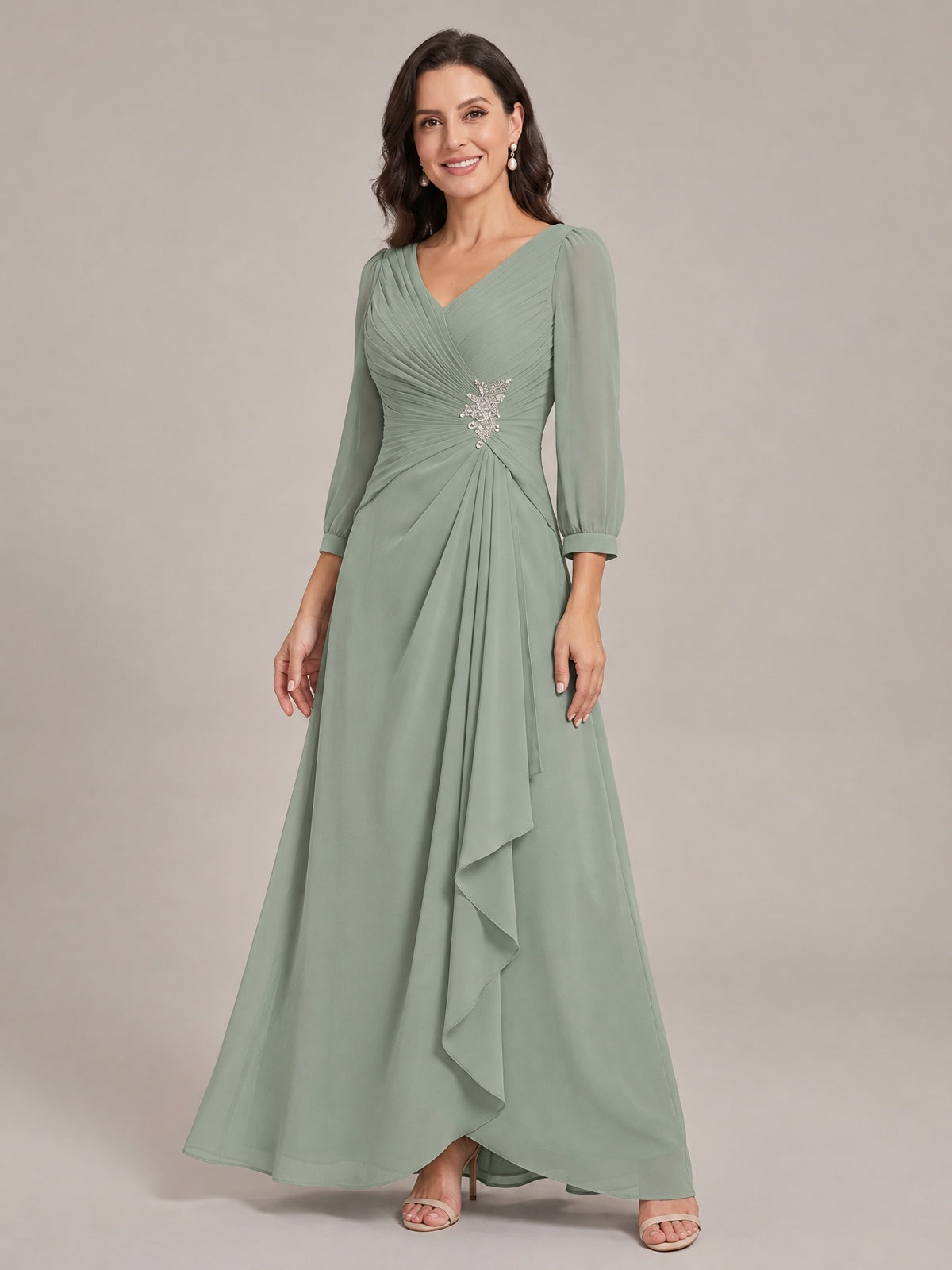 V-Neck Pleated Chiffon Mother of the Bride Dress with Flutter Sleeves