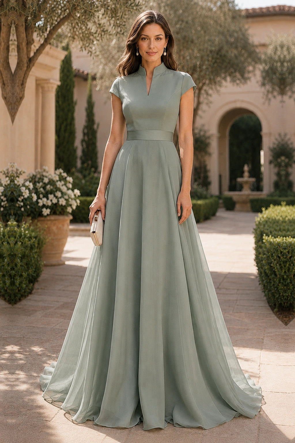 V Neck Cap Sleeve A-Line Floor-Length Satin Bridesmaid Dress