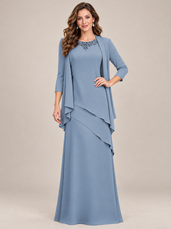 Dusty blue mother of the bride floor-length dress with embellished round neckline and three-quarter sleeve jacket, front view