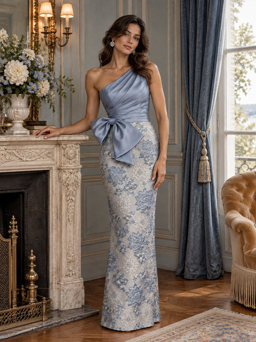 Dusty blue one-shoulder floral jacquard mother of the bride dress