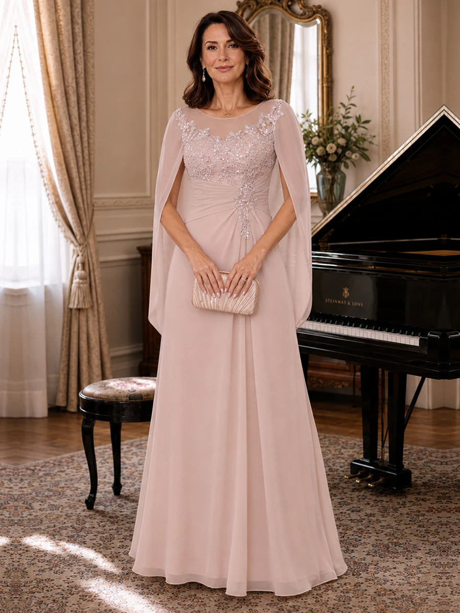 Elegant Applique Chiffon Mother of the Bride Dress with Cape Sleeves