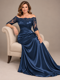 Elegant navy blue off shoulder mother of the bride dress floor length evening gown