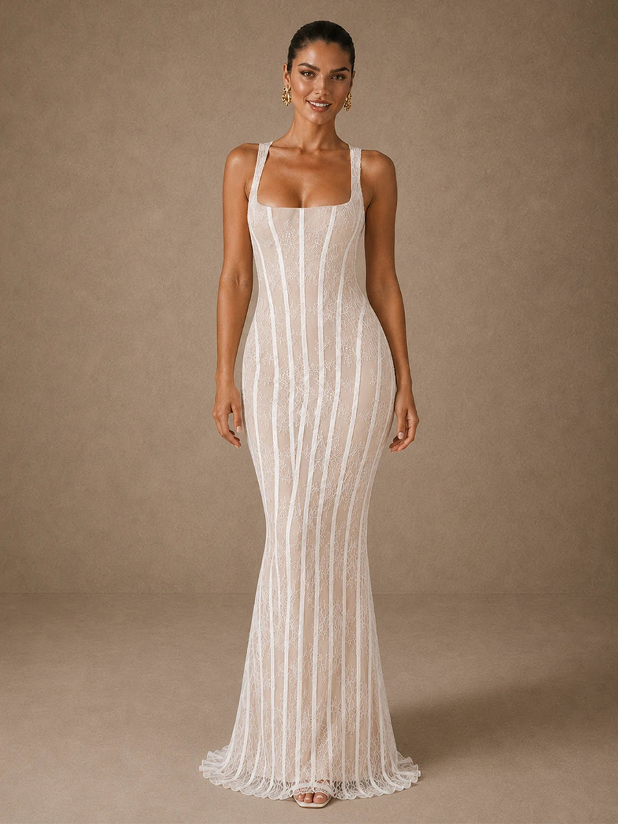 Jovellee Elise white lace mermaid wedding dress with square neckline and floor-length flared hem