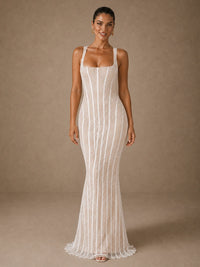 Jovellee Elise white lace mermaid wedding dress with square neckline and floor-length flared hem