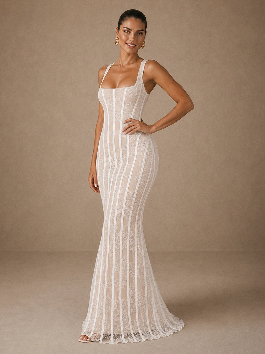 Three-quarter front view of the Jovellee Elise white lace mermaid wedding dress with square neckline