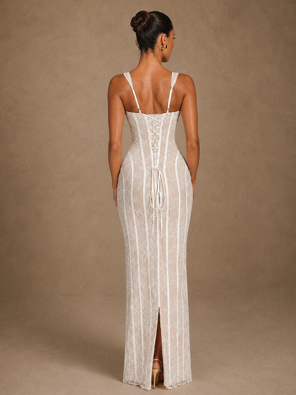 Back view of the Elise white lace mermaid wedding dress with lace-up corset closure and center slit