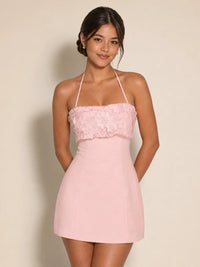Jovellee Elodie pink floral applique chiffon halter mini dress, full-length front view