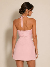 Back view of the Elodie pink floral applique halter mini dress with tie straps and open back