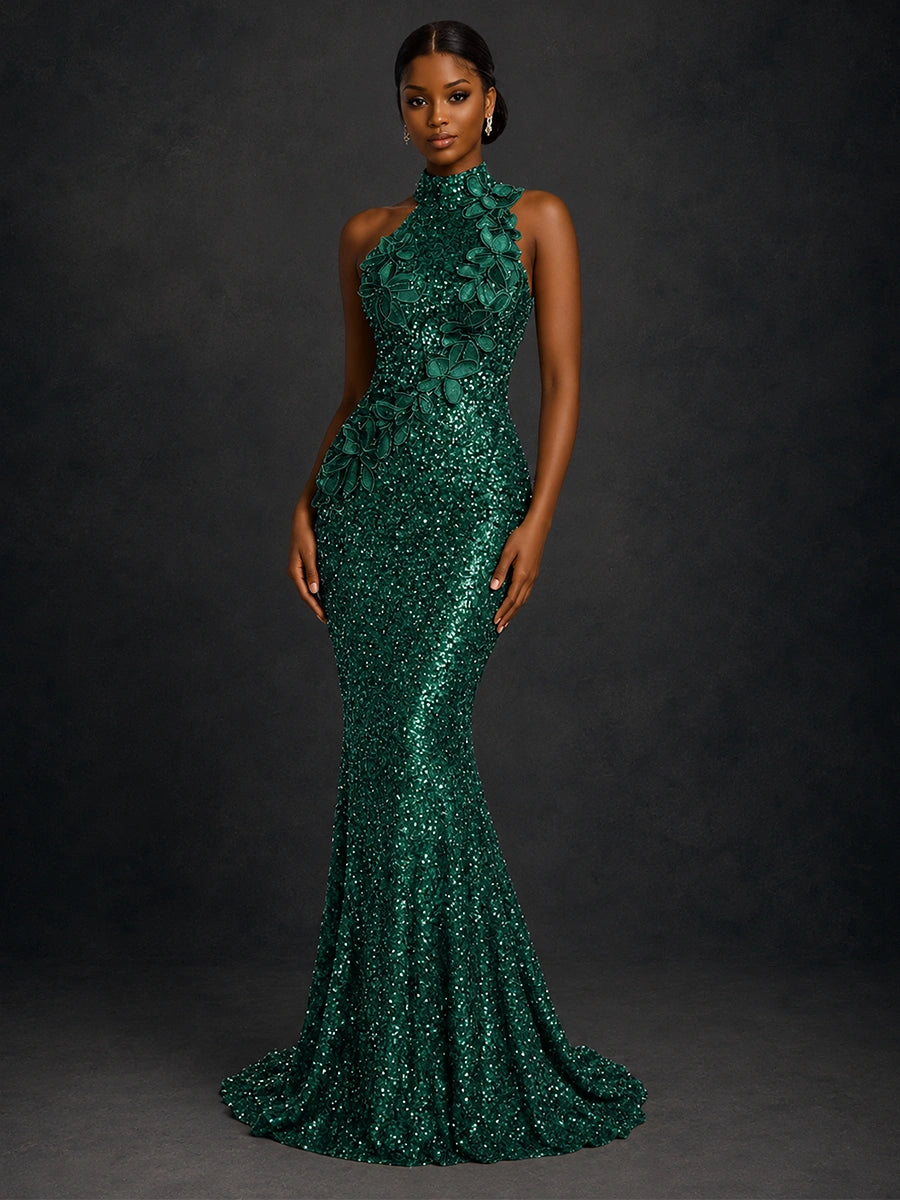 Emerald Green Sequin High Neck Mermaid Prom Dress