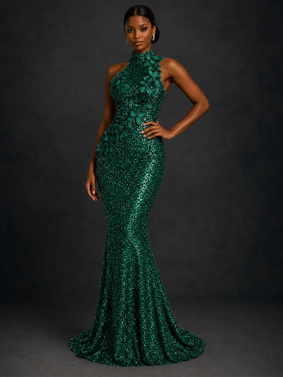 Emerald Green Sequin High Neck Mermaid Prom Dress