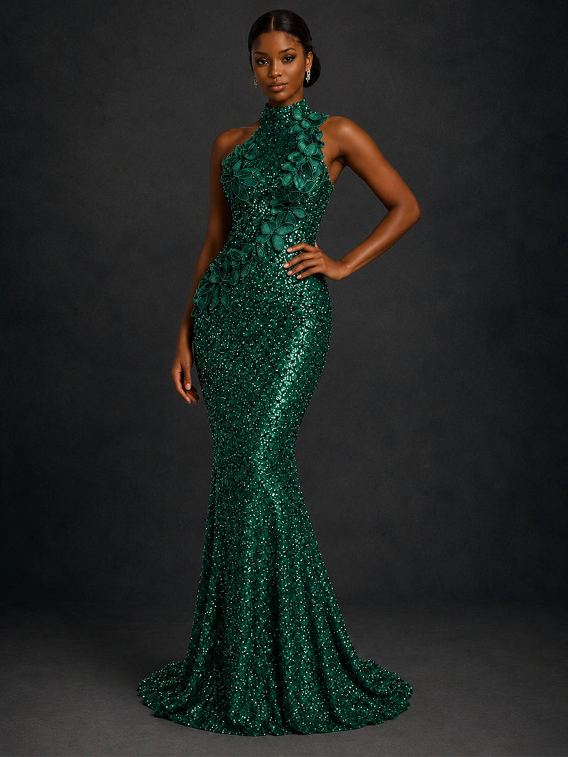 Emerald Green Sequin High Neck Mermaid Prom Dress