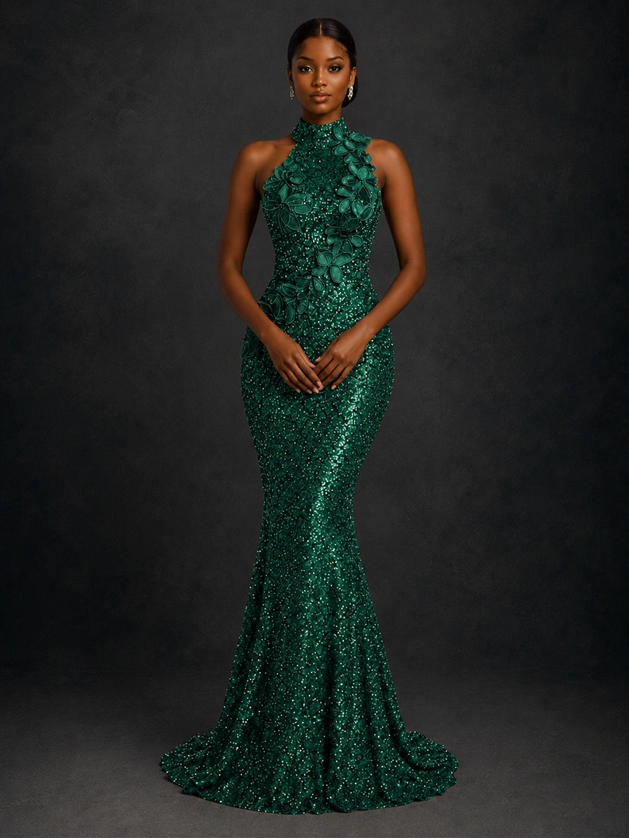 Emerald Green Sequin High Neck Mermaid Prom Dress