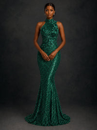 Emerald Green Sequin High Neck Mermaid Prom Dress