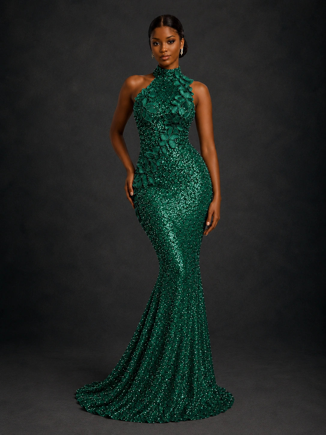 Emerald Green Sequin High Neck Mermaid Prom Dress