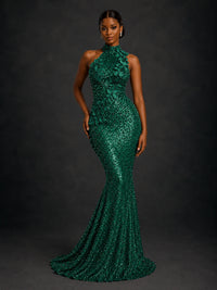 Emerald Green Sequin High Neck Mermaid Prom Dress