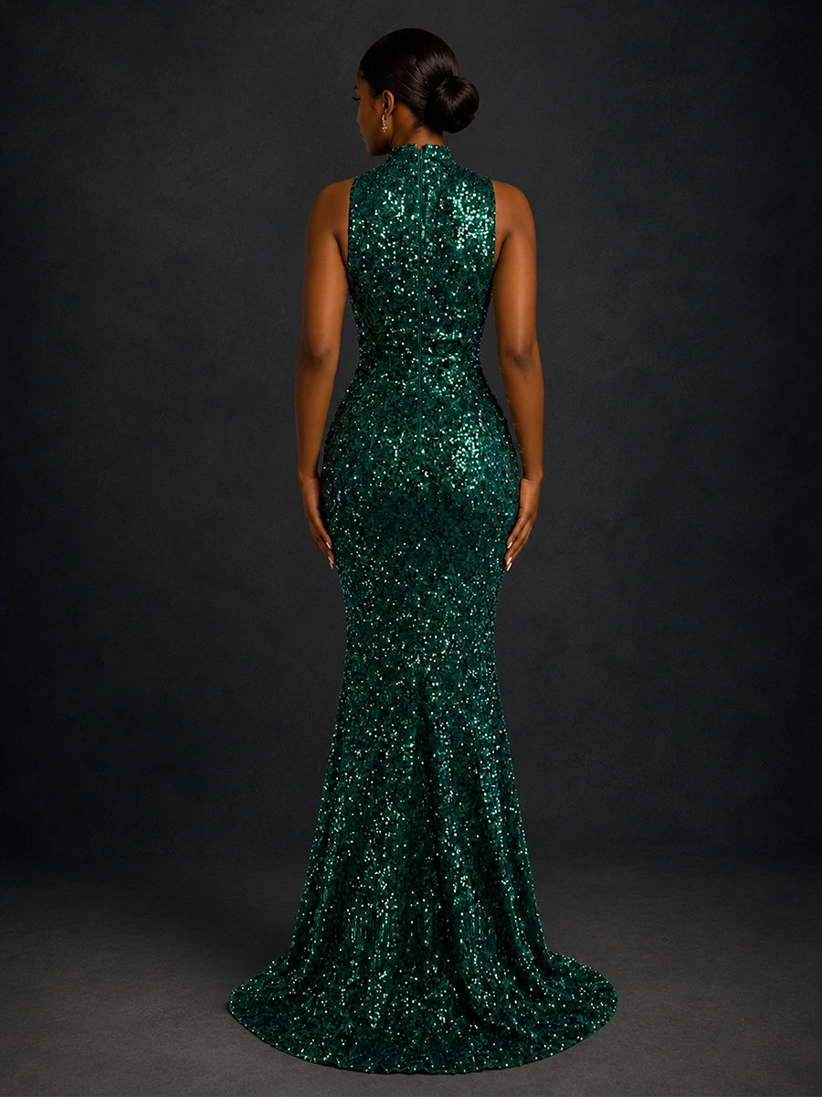 Emerald Green Sequin High Neck Mermaid Prom Dress