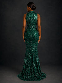 Emerald Green Sequin High Neck Mermaid Prom Dress