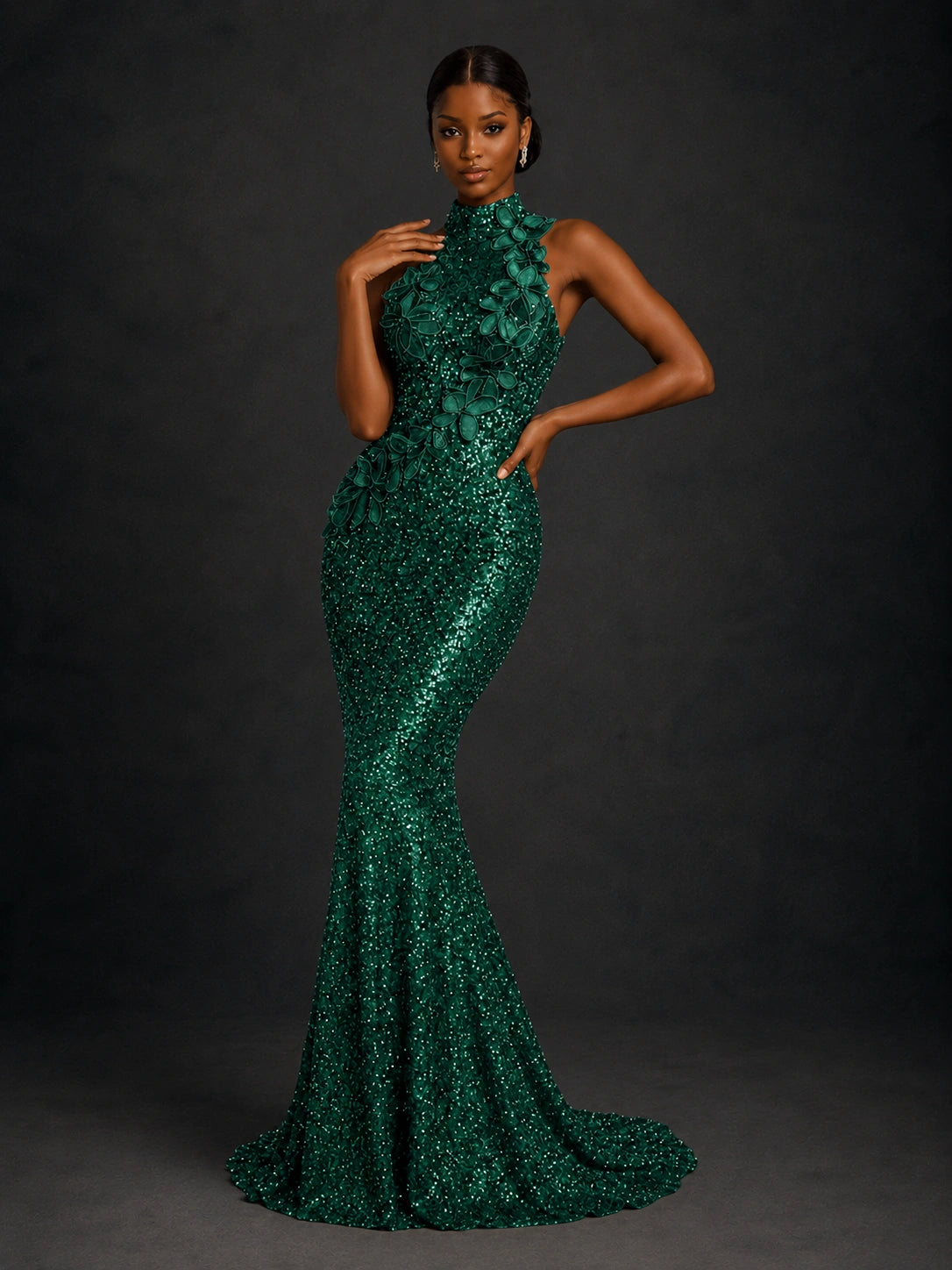Emerald Green Sequin High Neck Mermaid Prom Dress