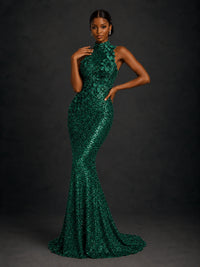 Emerald Green Sequin High Neck Mermaid Prom Dress