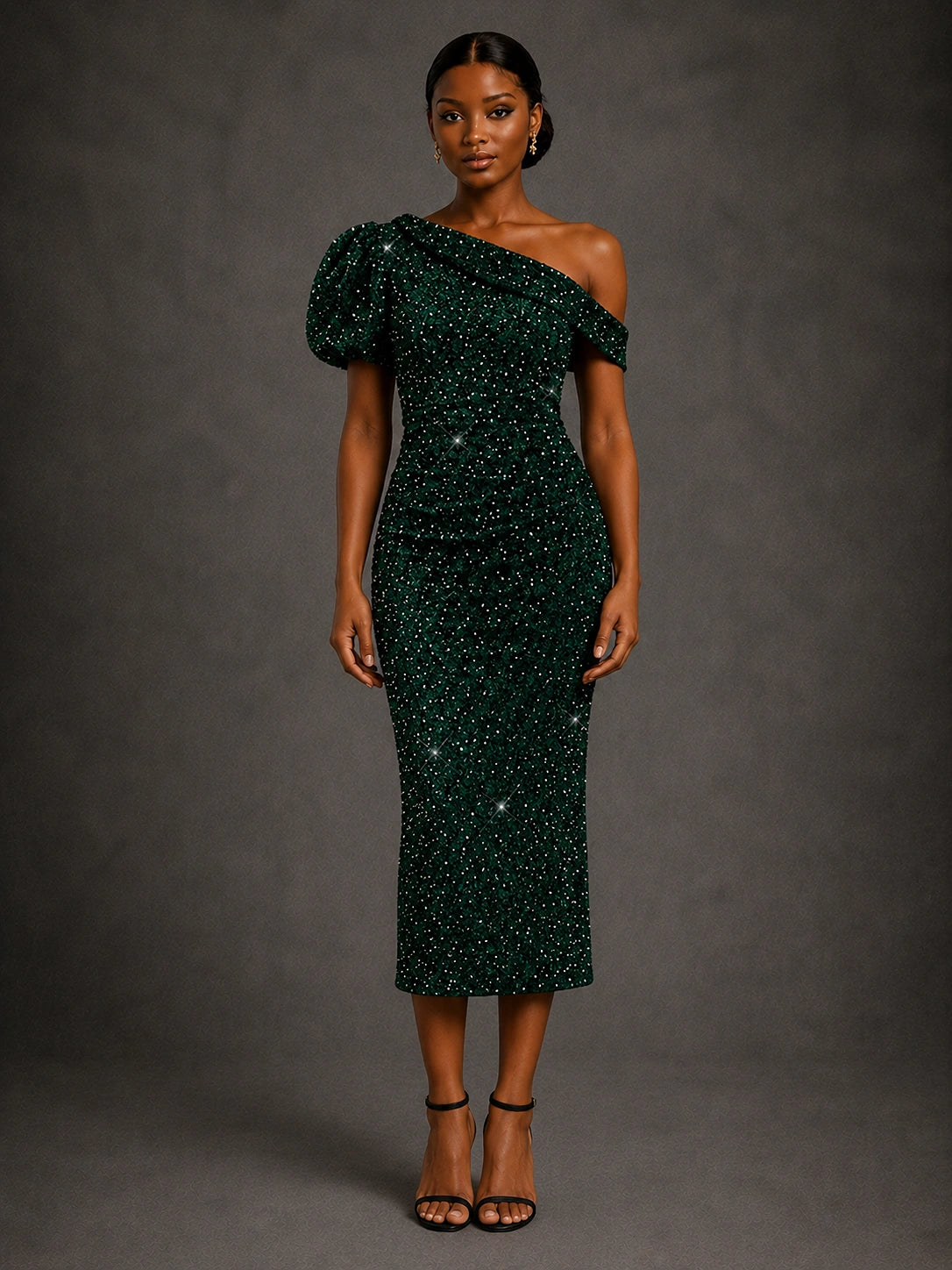 Emerald Green Sequin One Shoulder Midi Cocktail Dress