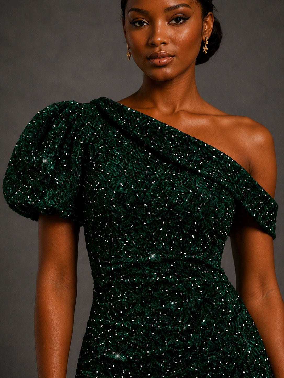 Emerald Green Sequin One Shoulder Midi Cocktail Dress