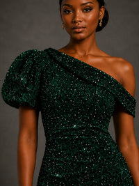 Emerald Green Sequin One Shoulder Midi Cocktail Dress