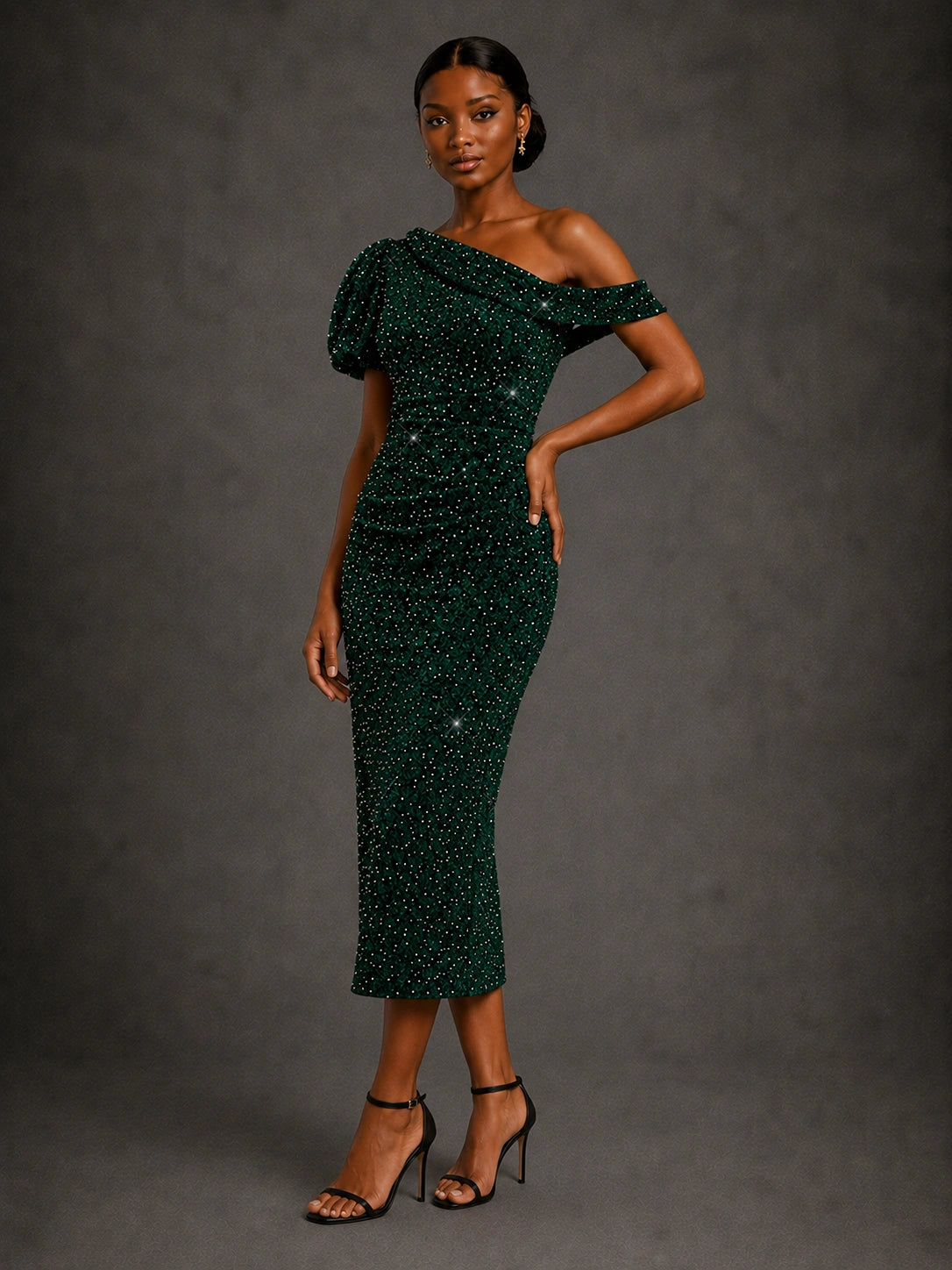 Emerald Green Sequin One Shoulder Midi Cocktail Dress