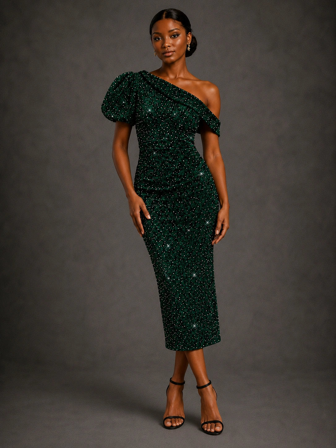 Emerald Green Sequin One Shoulder Midi Cocktail Dress
