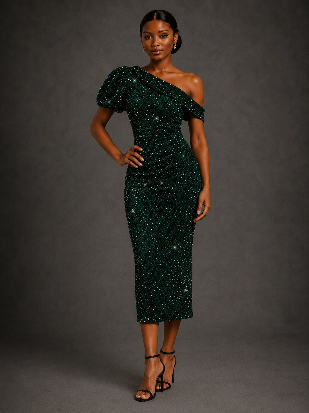 Emerald Green Sequin One Shoulder Midi Cocktail Dress